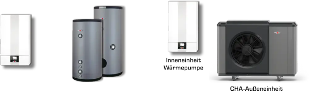 Vier Heizsysteme von Wolf: Zwei kompakte Geräte in grau, ein weißer Kessel und ein Außengerät mit Ventilator. Alle Modelle für effiziente Heizungslösungen konzipiert.